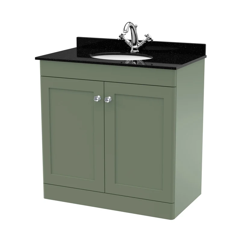 Nuie Classique 800mm Floor Standing 2 Door Vanity & Marble Top 1th Traditional Satin Green MFC Painted Matt 814x820x463mm - CLC826BR1