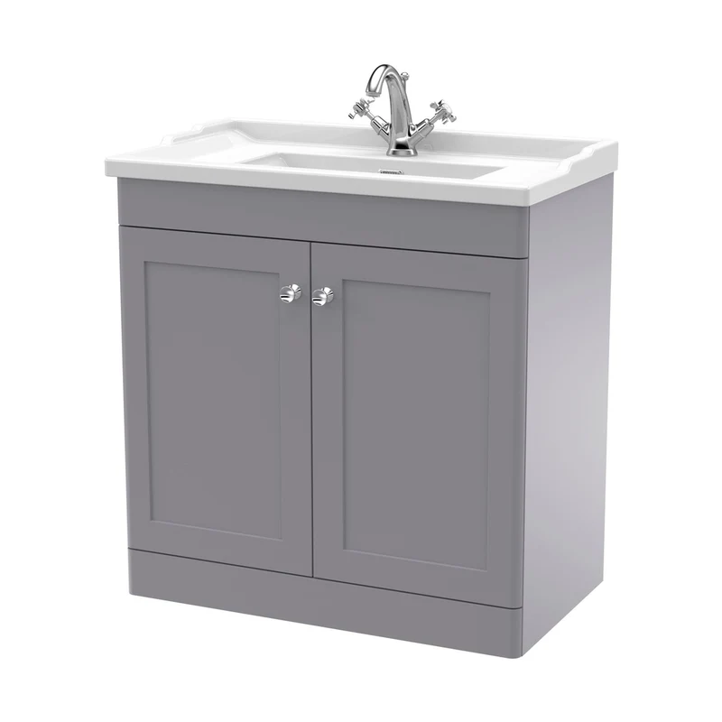 Nuie Classique 800mm Floor Standing 2 Door Vanity & Basin 1th Traditional Satin Grey MFC Painted Matt 858x820x480mm