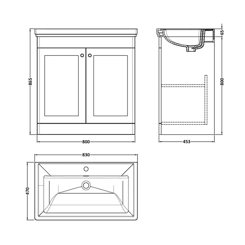 Nuie Classique 800mm Floor Standing 2-door Vanity & Basin 1th Traditional Satin Grey MFC Painted Matt 865x830x470mm