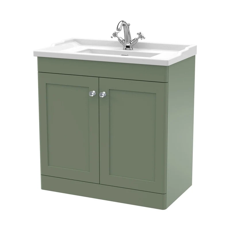 Nuie Classique 800mm Floor Standing 2 Door Vanity & Basin 1th Traditional Satin Green MFC Painted Matt 858x820x480mm