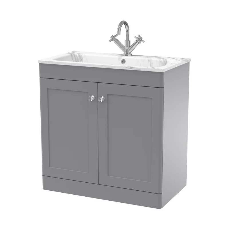 Nuie Classique 800mm Floor Standing 2-door Unit & Stone Basin 1th Traditional Satin Grey MFC Painted Matt,stone 816x810x470mm - CLC226Q