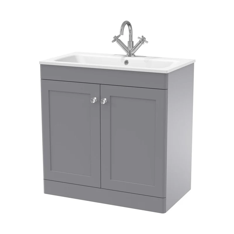 Nuie Classique 800mm Floor Standing 2-door Unit & Stone Basin 1th Traditional Satin Grey MFC Painted Matt,stone 816x810x470mm - CLC226P