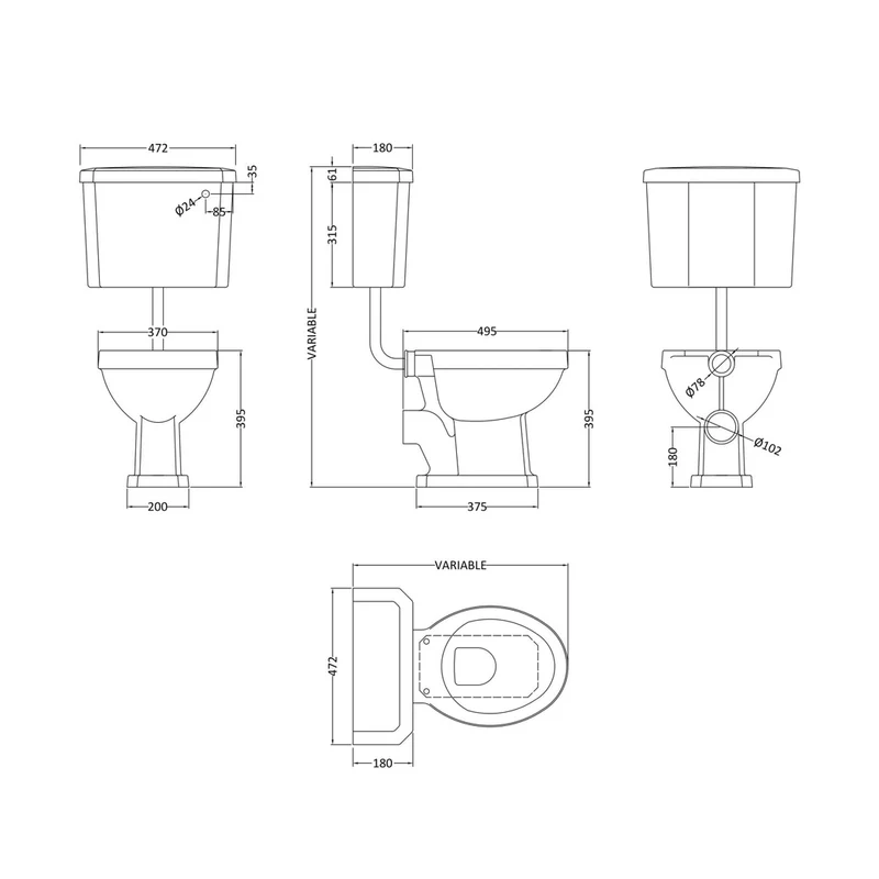 Nuie Carlton Low Level Pan, Cistern & Flush Pipe Kit Traditional White Vitreous China 985x472x660mm