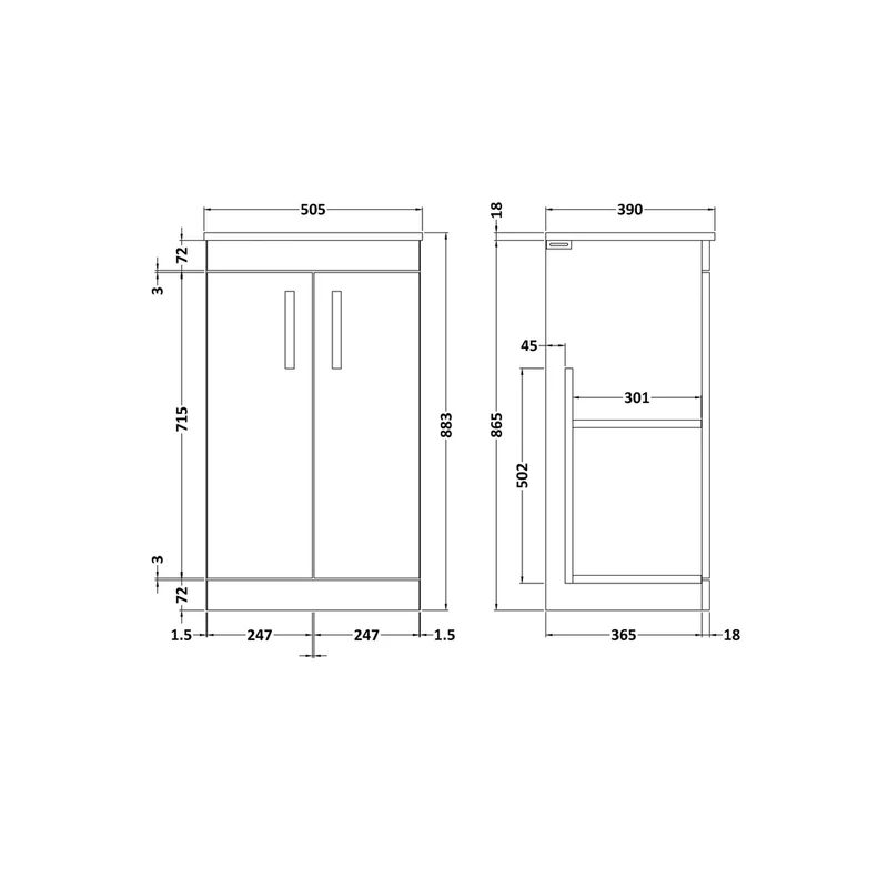 Nuie Athena 500mm Floor Standing Vanity With Worktop Contemporary Gloss White MFC Painted Gloss 883x505x390mm