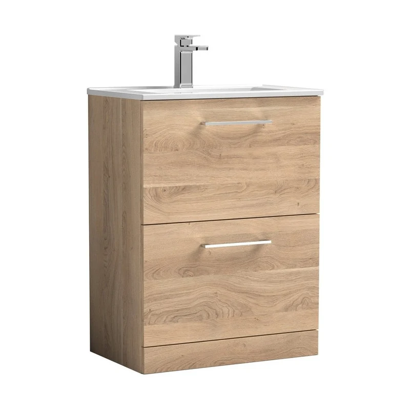 Nuie Arno 600mm Floor Standing 2-drawer Vanity & Basin 2 Contemporary Bleached Oak MFC 818x600x390mm