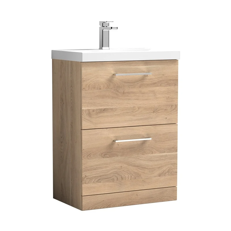 Nuie Arno 600mm Floor Standing 2-drawer Vanity & Basin 1 Contemporary Bleached Oak MFC 840x610x390mm