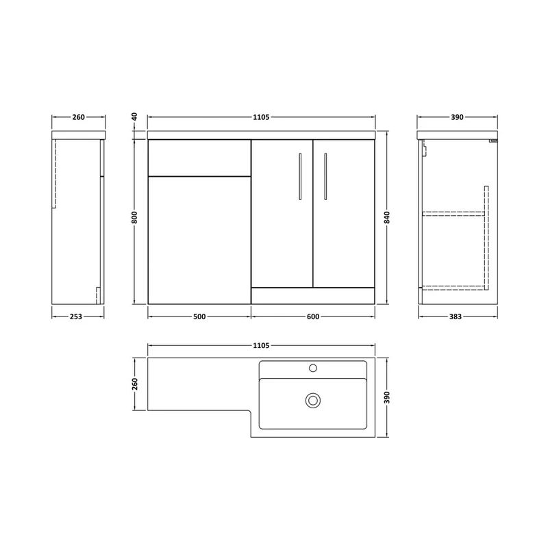 Nuie Arno 1100mm Right Hand Combination Contemporary Soft Black MFC Painted Matt 858x1105x390mm