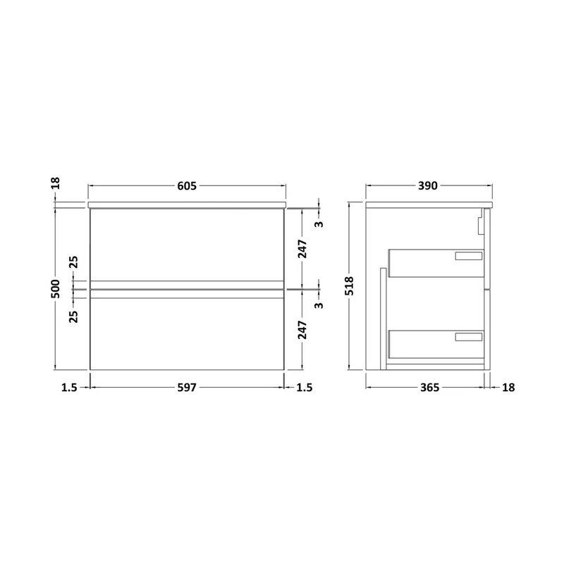 Hudson Reed Urban 600mm Wall Hung 2 Drawer Vanity & Worktop Contemp Soft Black MFC Painted Matt 518x610x390mm