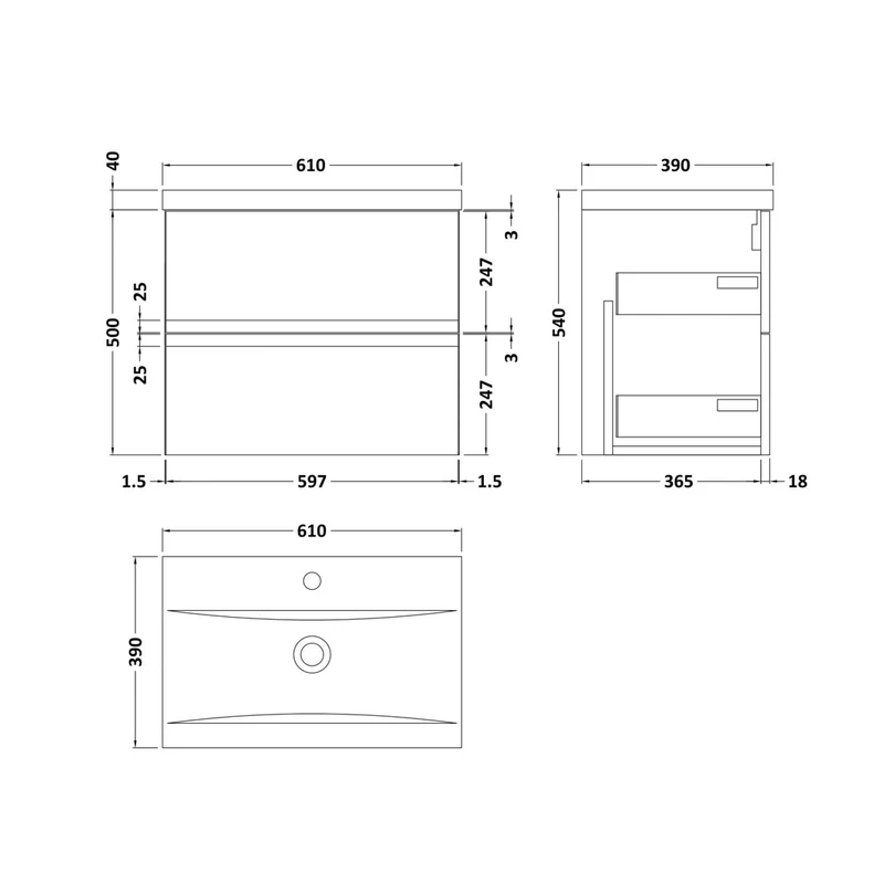 Hudson Reed Urban 600mm Wall Hung 2 Drawer Vanity & Basin 1 Contemp Soft Black MFC Painted Matt 540x610x390mm