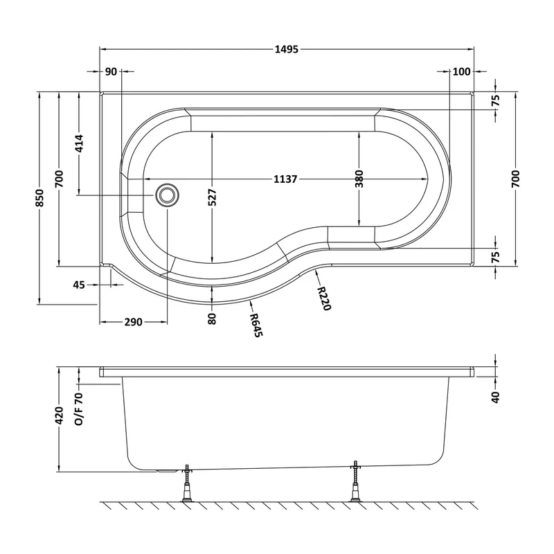 P-Shaped Shower Bath - 1500mm x 850mm, Left Hand
