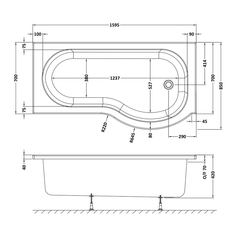 P-Shaped Shower Bath - 1600mm x 850mm, Right Hand