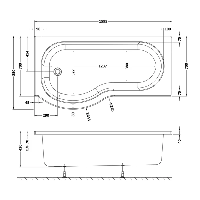 P-Shaped Shower Bath - 1600mm x 850mm, Left Hand