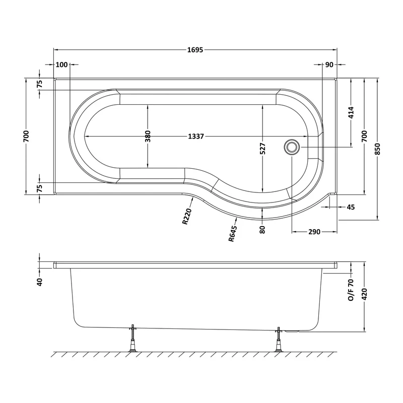 P-Shaped Shower Bath - 1700mm x 850mm, Right Hand