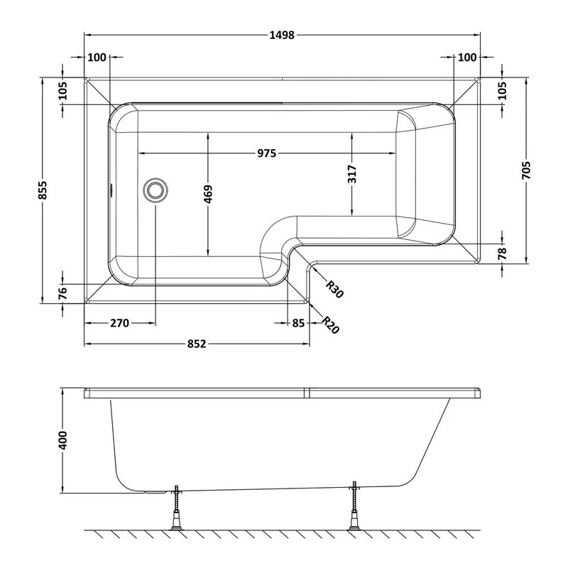 Square Shower Bath - 1500mm x 850mm, Left Hand