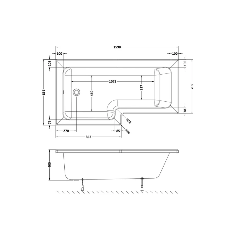 Square Shower Bath - 1600mm x 850mm, Left Hand