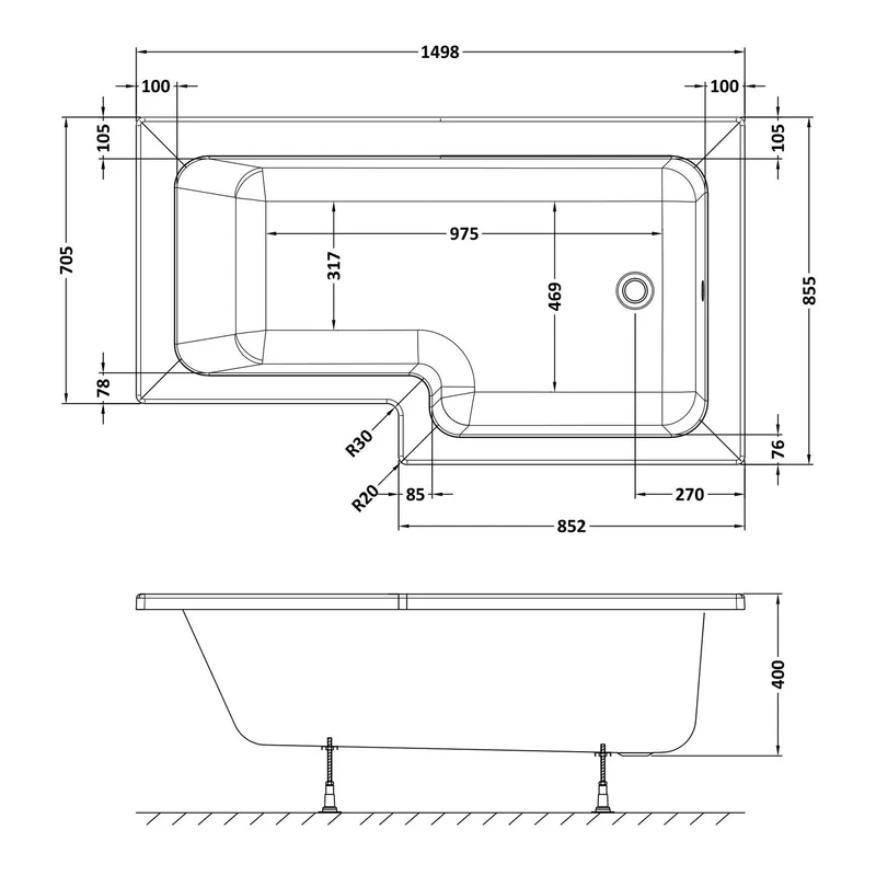 Square Shower Bath - 1500mm x 850mm, Right Hand
