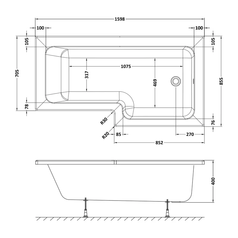 Square Shower Bath - 1600mm x 850mm, Right Hand