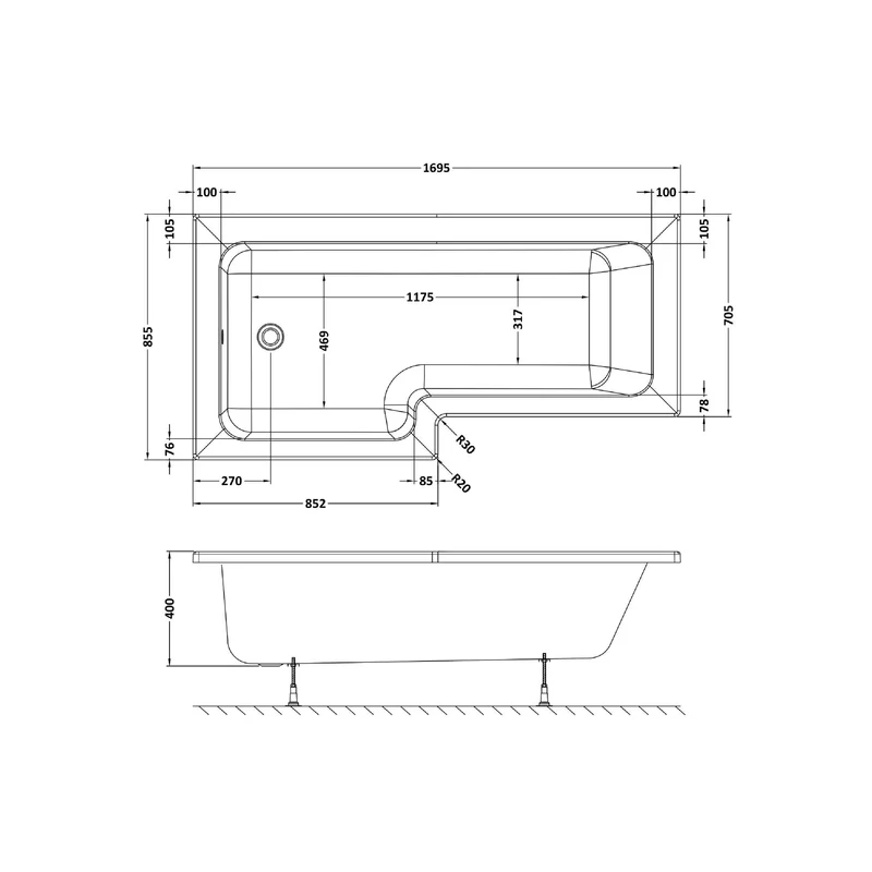 Square Shower Bath - 1700mm x 850mm, Left Hand