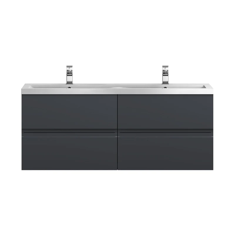 Hudson Reed Urban 1200 Wall Hung 4 Drawer Vanity & Double Basin Contemp Soft Black MFC Painted Matt 540x1205x383mm - URB1404F