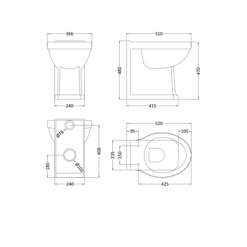 Hudson Reed Richmond Comfort Height Btw Pan Trad Gloss White Vitreous China 480x370x515mm