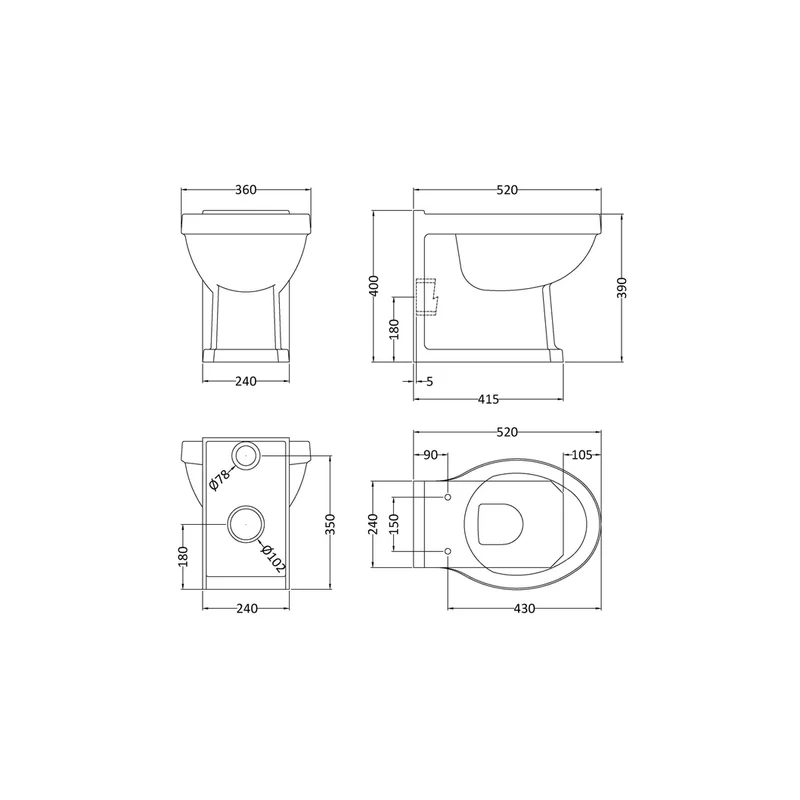 Hudson Reed Richmond Back To Wall Pan Trad White Vitreous China 420x360x520mm