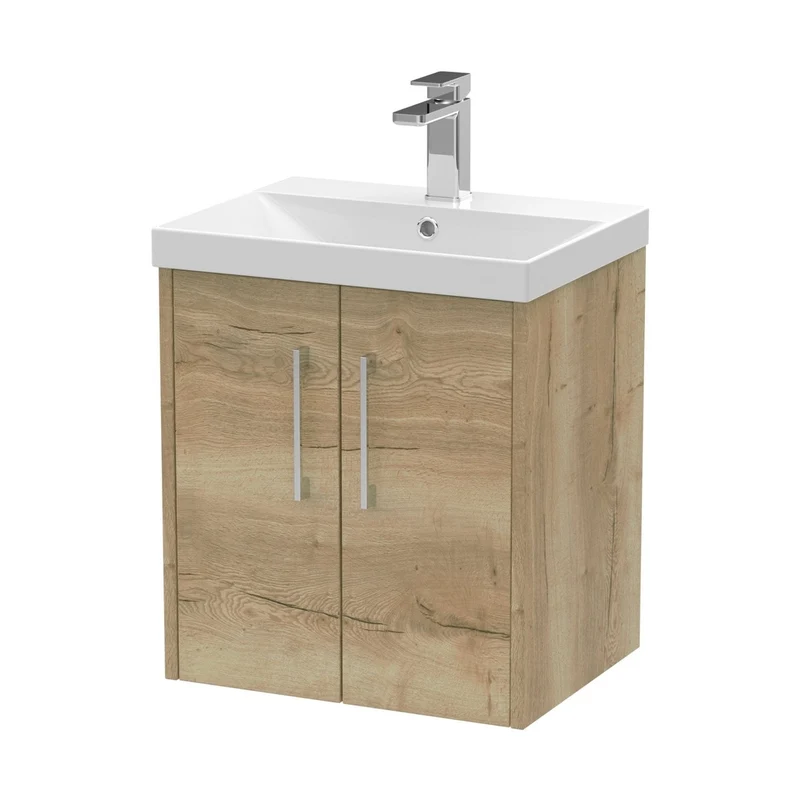 Hudson Reed Juno 500mm Wall Hung 2 Door Vanity & Basin 3 Contemp Autumn Oak MFC Textured Woodgrain 589x500x395mm