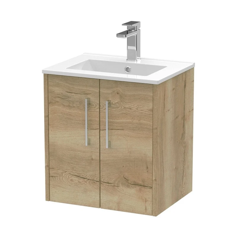 Hudson Reed Juno 500mm Wall Hung 2 Door Vanity & Basin 2 Contemp Autumn Oak MFC Textured Woodgrain 554x500x390mm