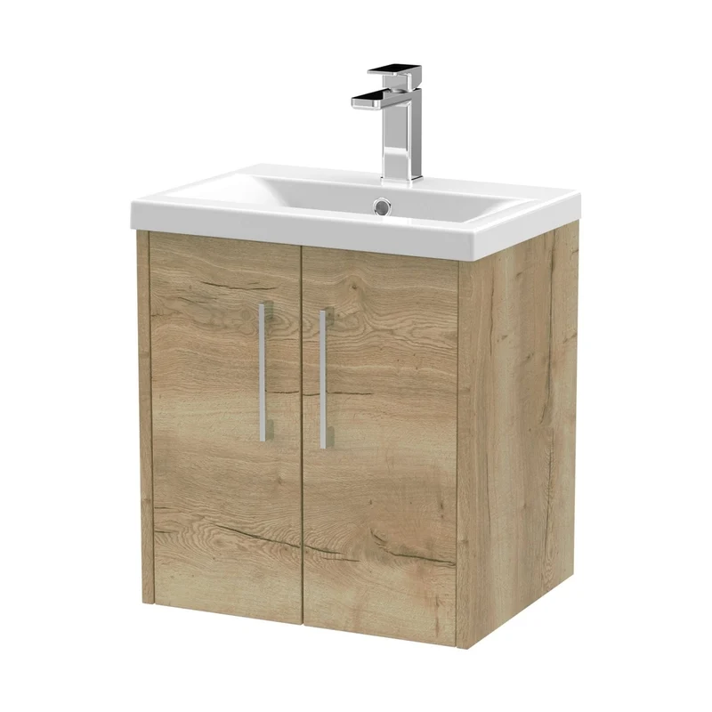 Hudson Reed Juno 500mm Wall Hung 2 Door Vanity & Basin 1 Contemp Autumn Oak MFC Textured Woodgrain 579x500x390mm
