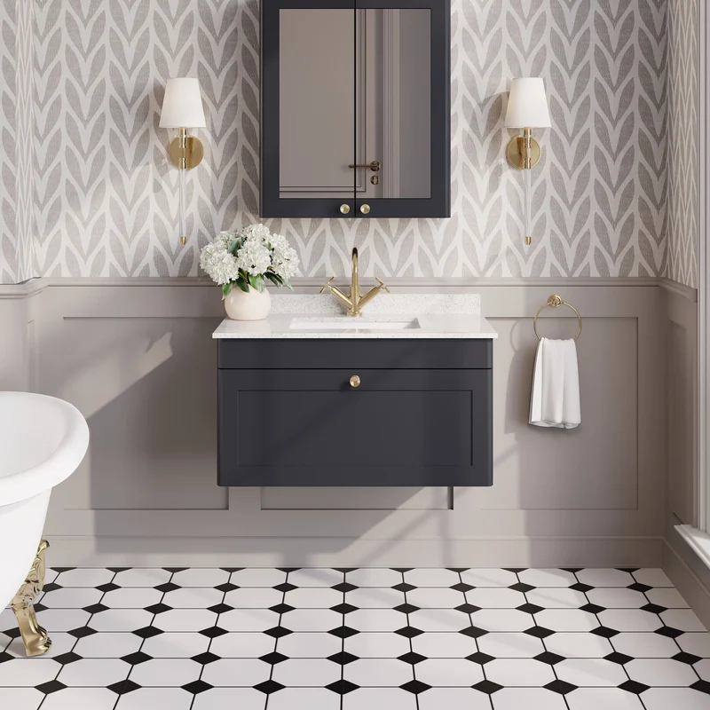 Classique 800mm Wall Hung Vanity Unit With 1 Drawer With White Marble Worktop With Square Basin - Satin Soft Black