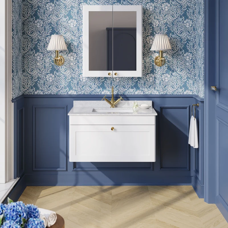 Classique 800mm Wall Hung Vanity Unit With 1 Drawer With White Marble Worktop With Square Basin - Satin White