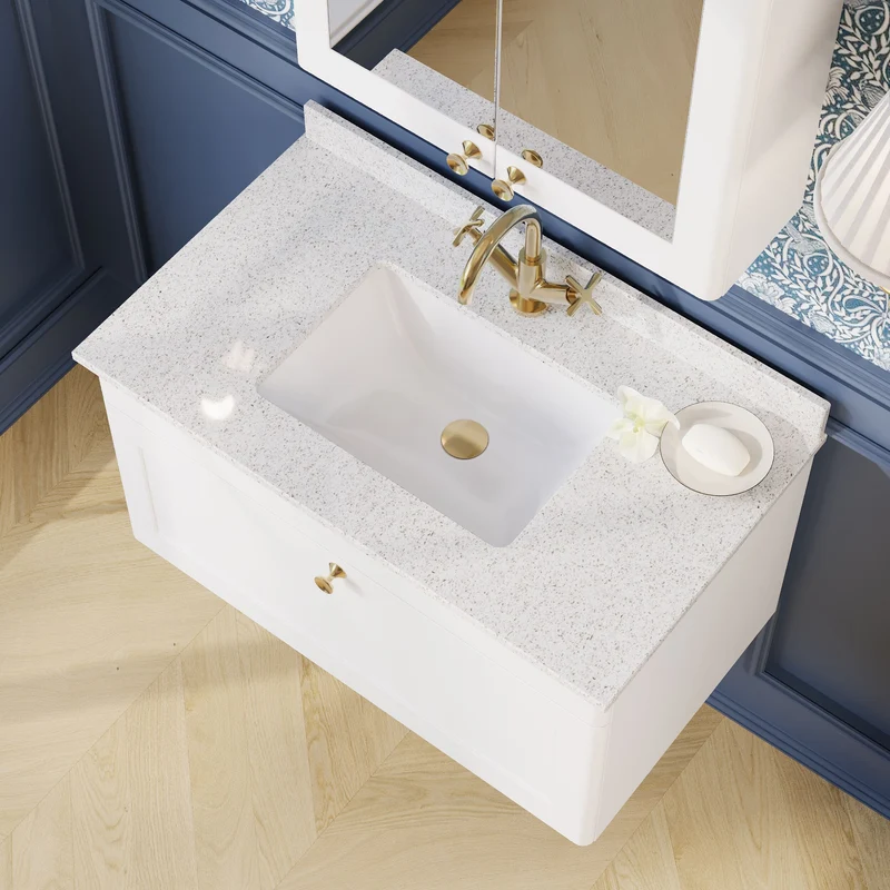 Classique 800mm Wall Hung Vanity Unit With 1 Drawer With White Marble Worktop With Square Basin - Satin White