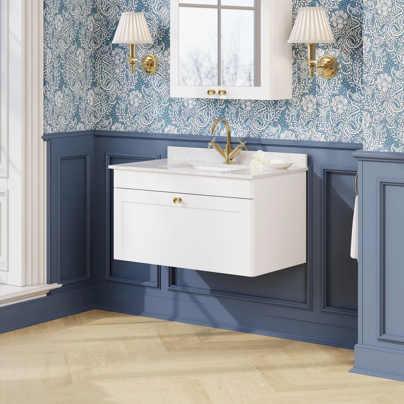Classique 800mm Wall Hung Vanity Unit With 1 Drawer With White Marble Worktop With Square Basin - Satin White