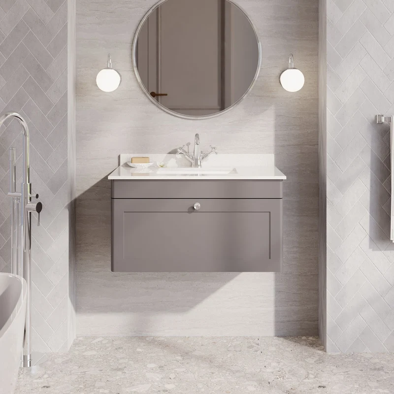 Classique 800mm Wall Hung Vanity Unit With 1 Drawer With White Marble Worktop With Square Basin - Satin Grey