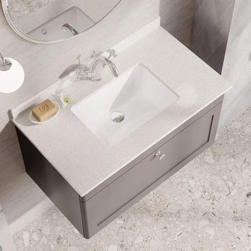 Classique 800mm Wall Hung Vanity Unit With 1 Drawer With White Marble Worktop With Square Basin - Satin Grey