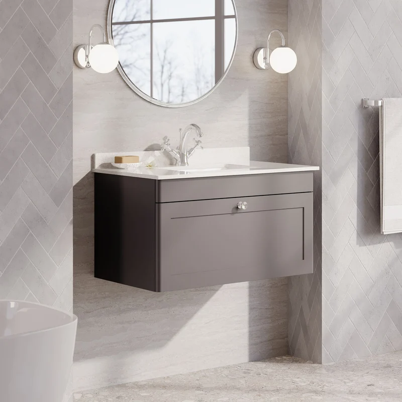 Classique 800mm Wall Hung Vanity Unit With 1 Drawer With White Marble Worktop With Square Basin - Satin Grey