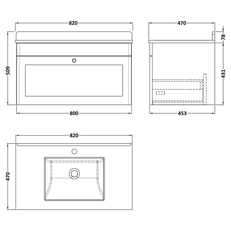 Classique 800mm Wall Hung Vanity Unit With 1 Drawer With White Marble Worktop With Square Basin - Satin Grey