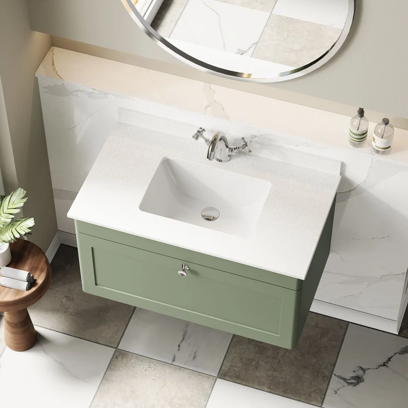 Classique 800mm Wall Hung Vanity Unit With 1 Drawer With White Marble Worktop With Square Basin - Satin Green