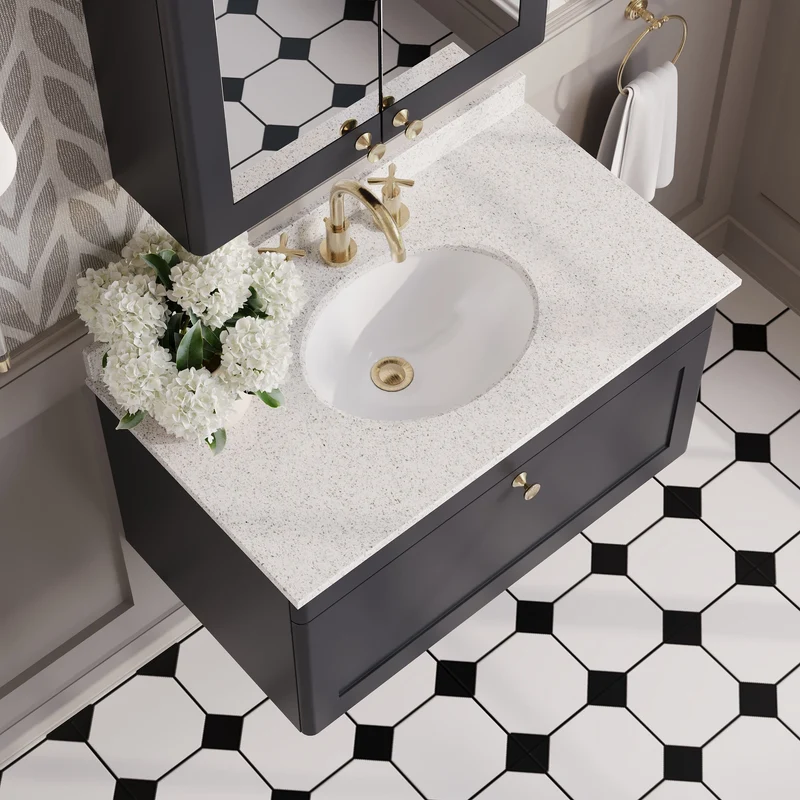 Classique 800mm Wall Hung Vanity Unit With 1 Drawer With White Marble Worktop With Round Basin - Satin Soft Black