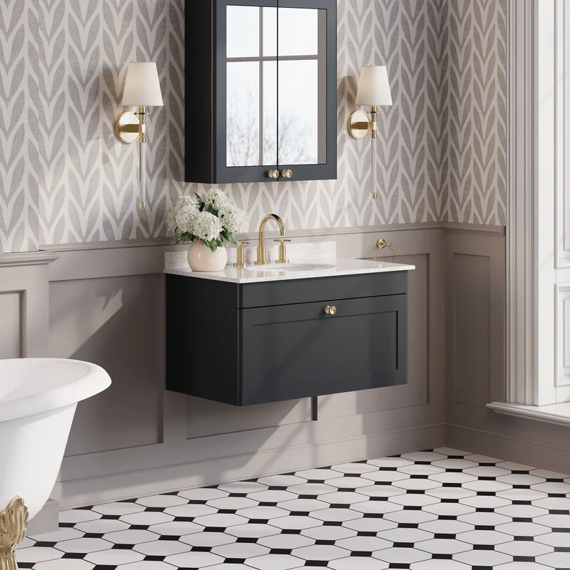 Classique 800mm Wall Hung Vanity Unit With 1 Drawer With White Marble Worktop With Round Basin - Satin Soft Black