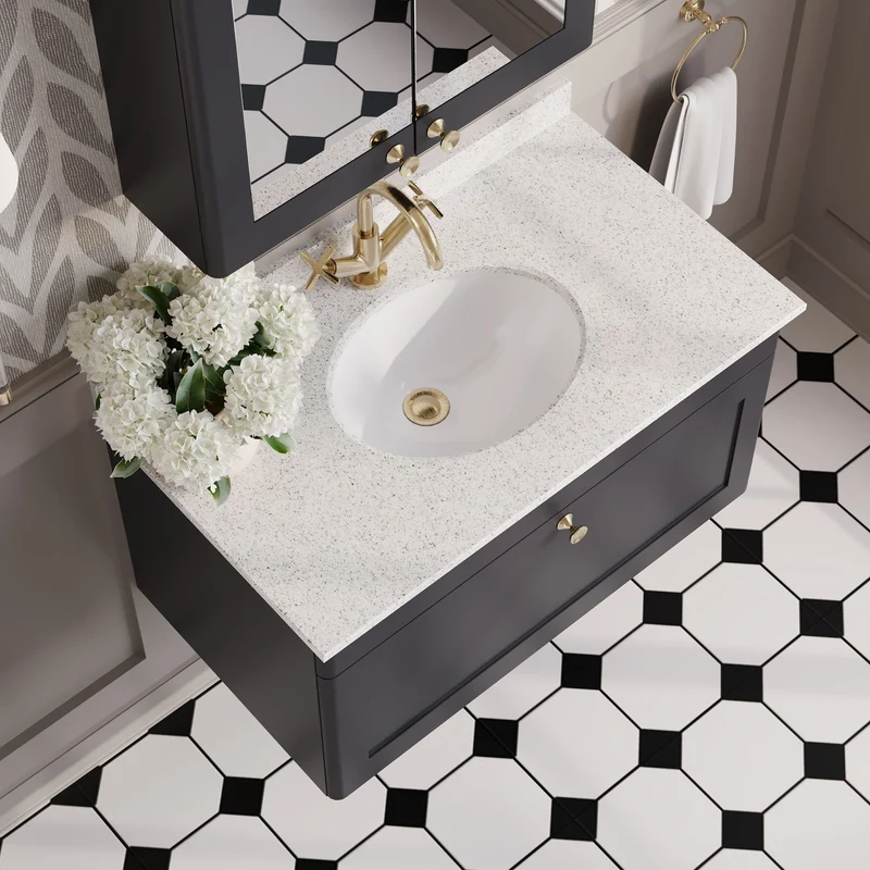 Classique 800mm Wall Hung Vanity Unit With 1 Drawer With White Marble Worktop With Round Basin - Satin Soft Black