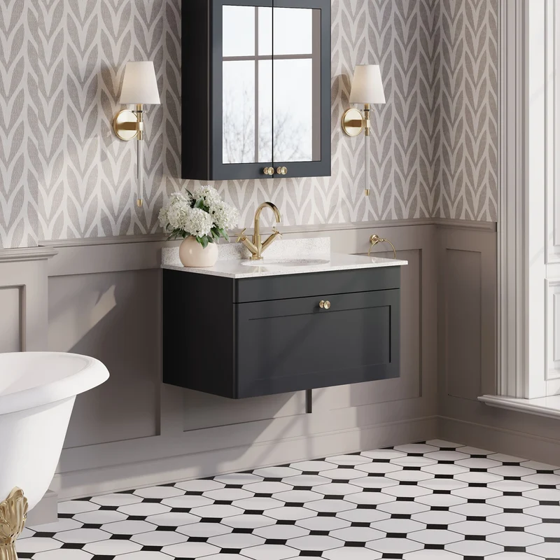Classique 800mm Wall Hung Vanity Unit With 1 Drawer With White Marble Worktop With Round Basin - Satin Soft Black