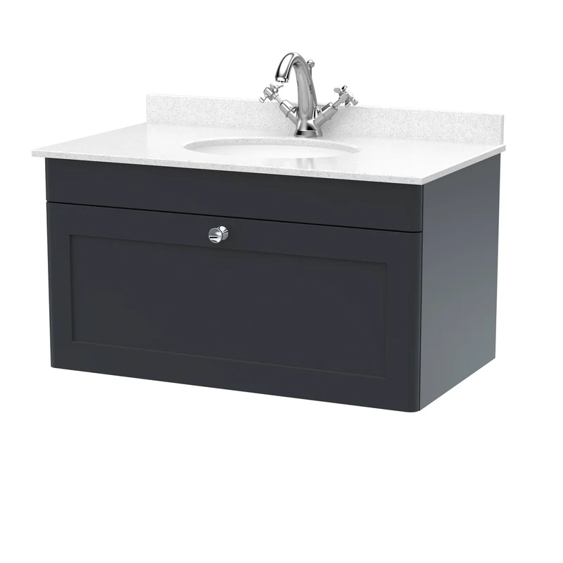 Classique 800mm Wall Hung Vanity Unit With 1 Drawer With White Marble Worktop With Round Basin - Satin Soft Black