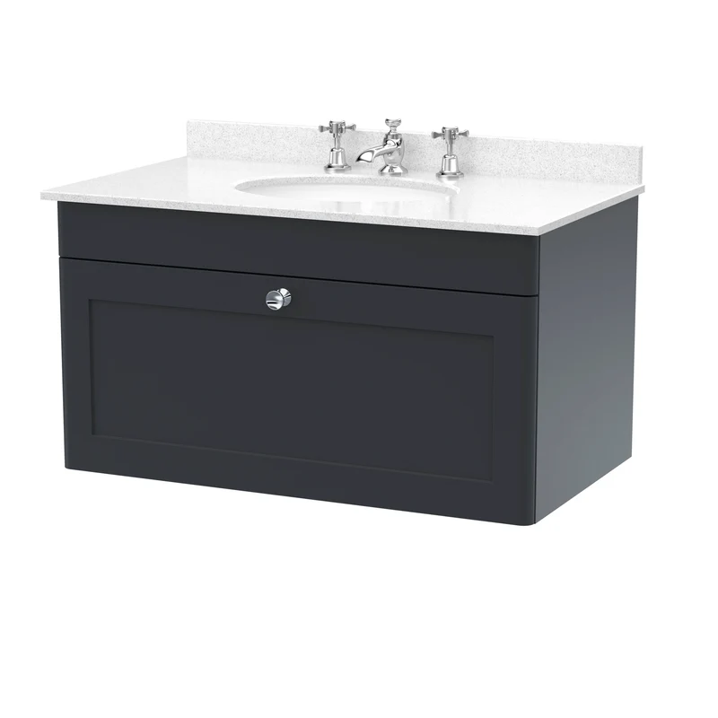 Classique 800mm Wall Hung Vanity Unit With 1 Drawer With White Marble Worktop With Round Basin - Satin Soft Black