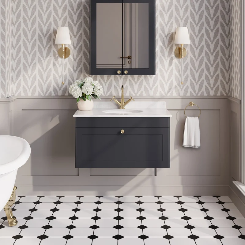 Classique 800mm Wall Hung Vanity Unit With 1 Drawer With Grey Marble Worktop With Round Basin - Satin Soft Black