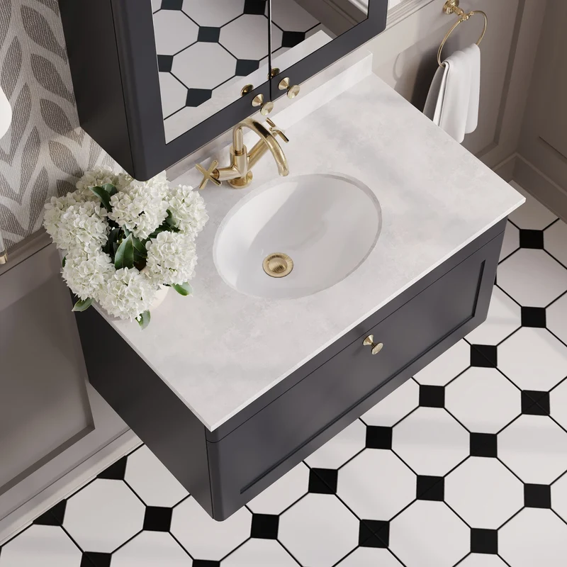 Classique 800mm Wall Hung Vanity Unit With 1 Drawer With Grey Marble Worktop With Round Basin - Satin Soft Black