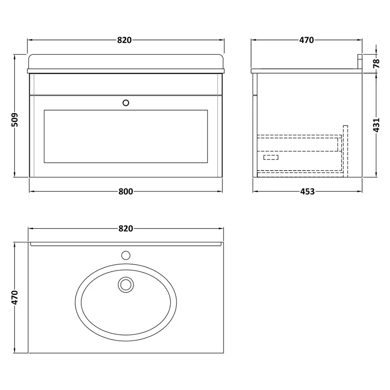 Classique 800mm Wall Hung Vanity Unit With 1 Drawer With Grey Marble Worktop With Round Basin - Satin Soft Black