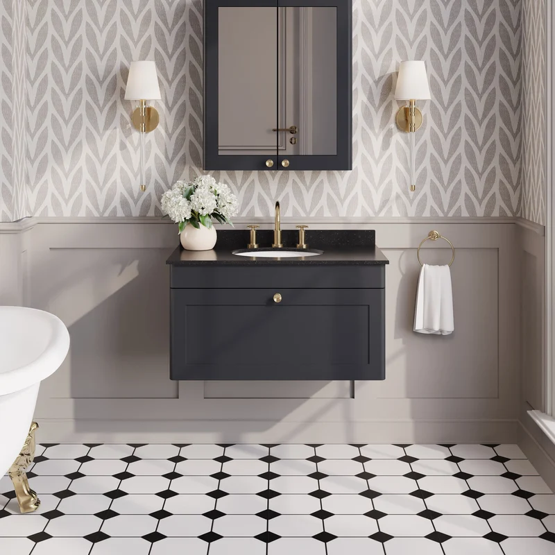 Classique 800mm Wall Hung Vanity Unit With 1 Drawer With Black Marble Worktop With Round Basin - Satin Soft Black