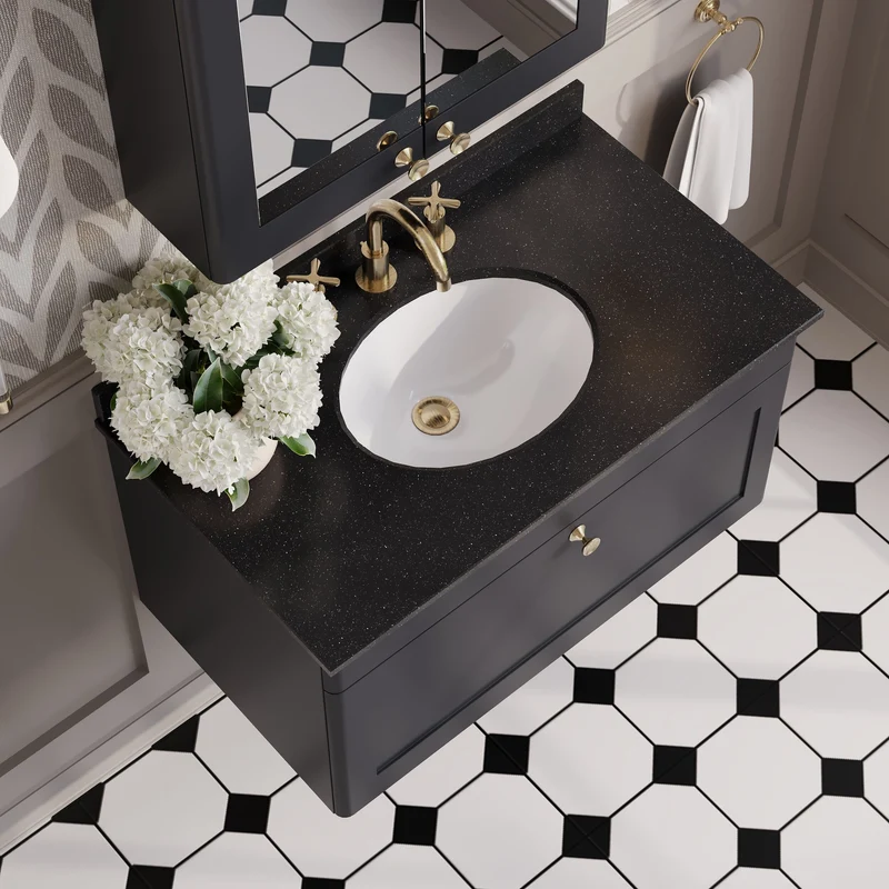 Classique 800mm Wall Hung Vanity Unit With 1 Drawer With Black Marble Worktop With Round Basin - Satin Soft Black