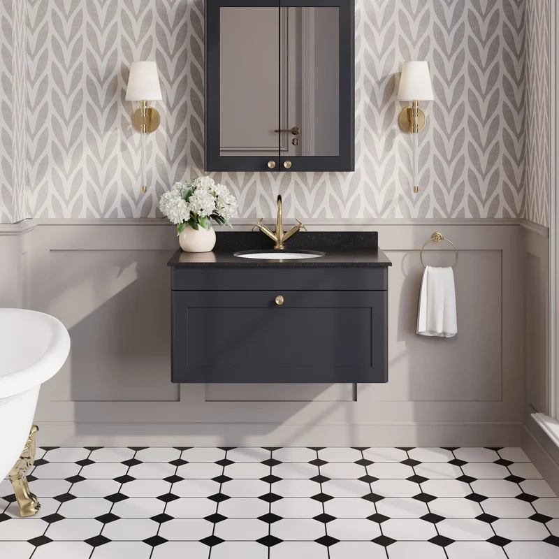 Classique 800mm Wall Hung Vanity Unit With 1 Drawer With Black Marble Worktop With Round Basin - Satin Soft Black