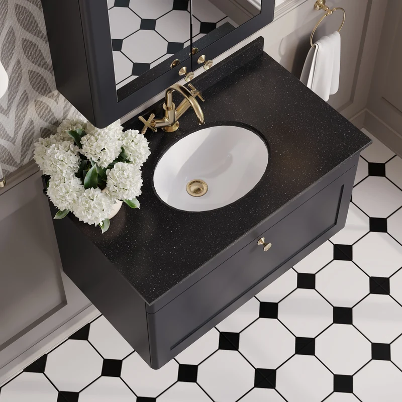 Classique 800mm Wall Hung Vanity Unit With 1 Drawer With Black Marble Worktop With Round Basin - Satin Soft Black
